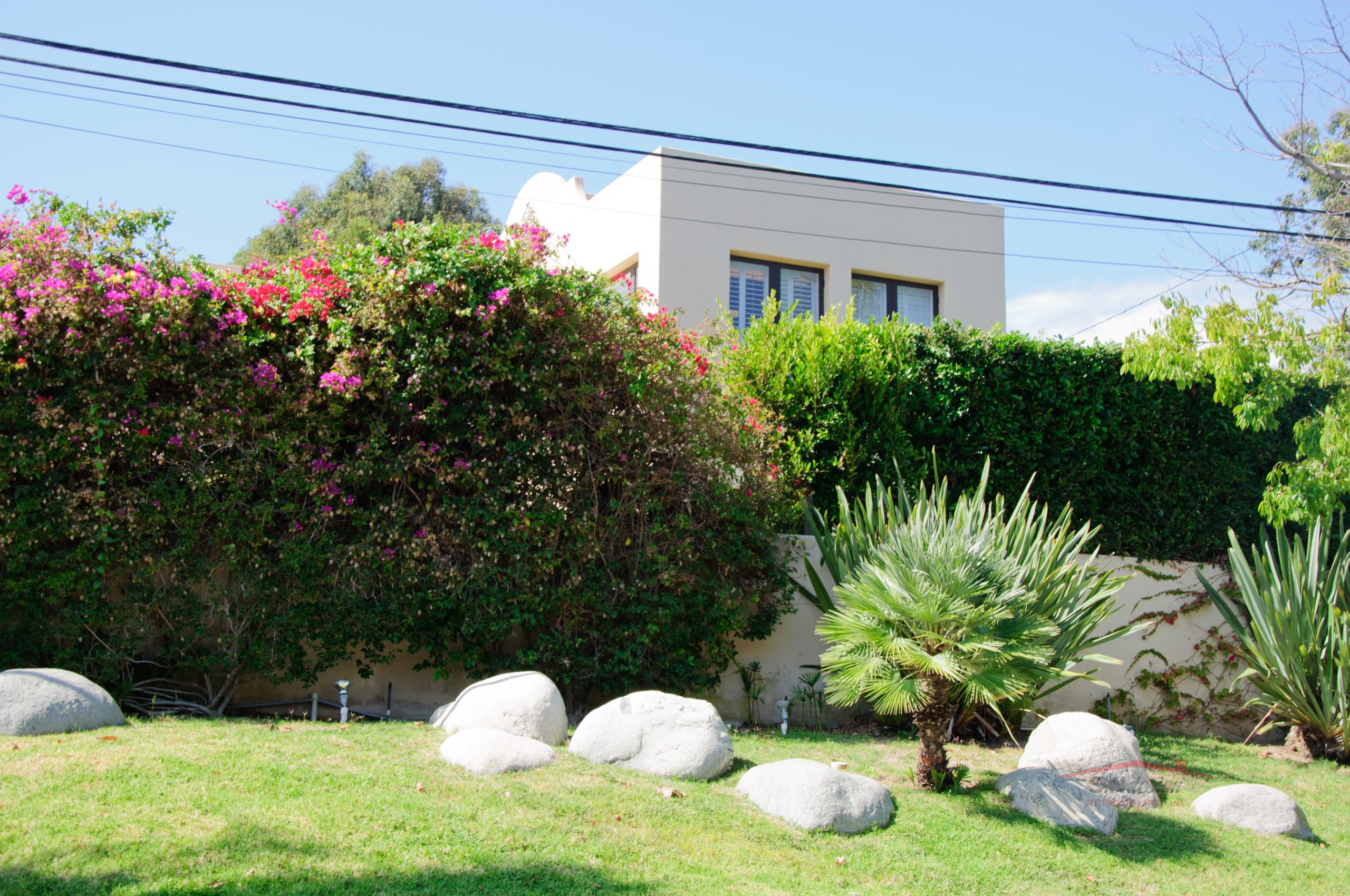 House with green lawn manicured frontyard garden in suburban residential neighborhood