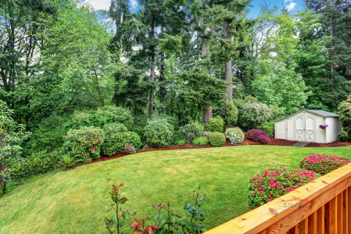 Well kept garden at backyard with trees, bushes and flowers.